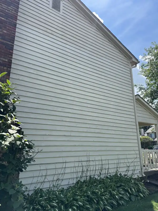The same Columbia City wall after soft washing, siding clean and evenly white