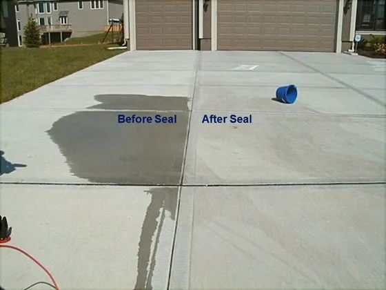Concrete driveway water test: the unsealed slab darkens while the sealed slab stays light
