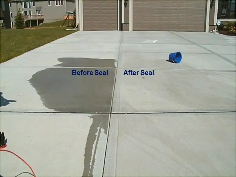 Concrete driveway water test: the unsealed slab darkens while the sealed slab stays light
