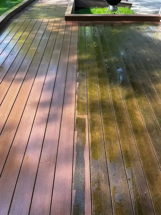 Deck boards mid-cleaning, half restored to reddish brown and half still covered in algae