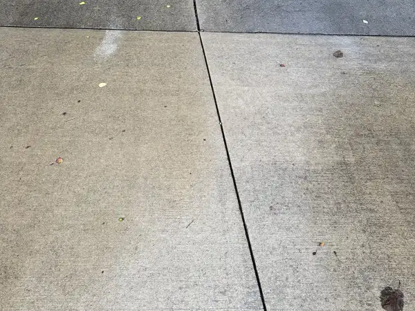 Fort Wayne concrete driveway before cleaning, stained and scattered with leaves and debris