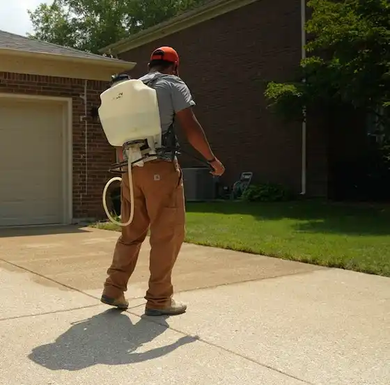 Worker with a backpack sprayer applying concrete sealer to a driveway by a brick garage