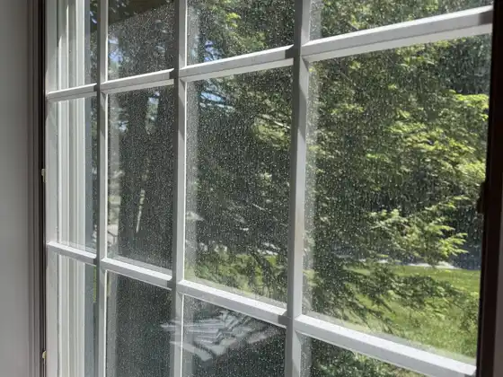 Before window cleaning: divided-light window, seen from inside, speckled with hard water spots