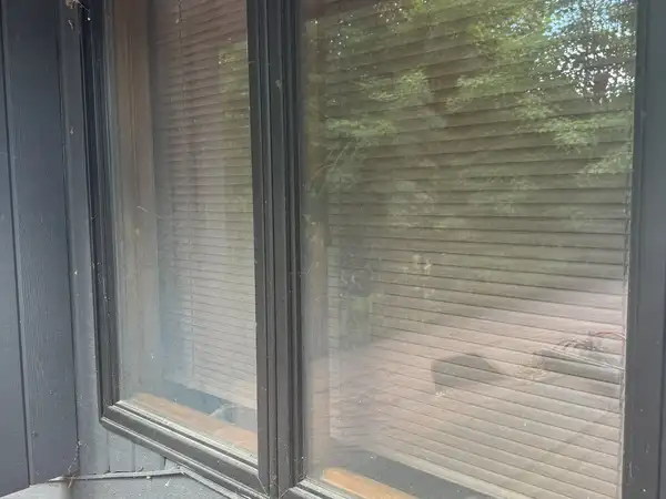 Fort Wayne picture window before cleaning, its glass hazy with dust and cobwebs